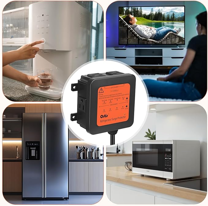 Ortis 4-Outlet Refrigerator Surge Protector, 1200J, Delay Start, Quick Reset, Audible Alarm & LED Indicators, Prevents Voltage Spikes, Surges & Power Outages, 1.3ft Cord, for 27+ cu. ft. Fridges