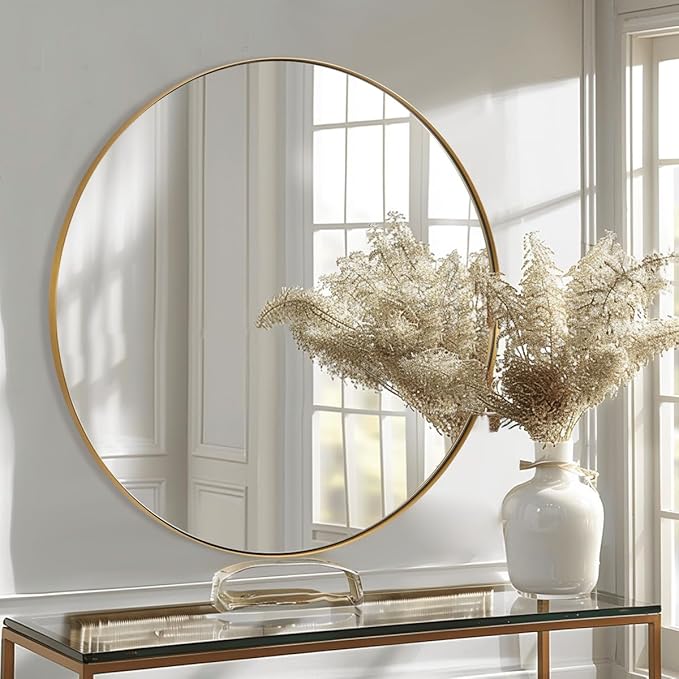 ANDY STAR Gold Round Mirror, Brushed Gold Round Bathroom Mirror, Brass Circle Mirror 32 inch, Modern Vanity Mirror in Stainless Steel Metal Frame for Home Decor, Entryway, Living Room