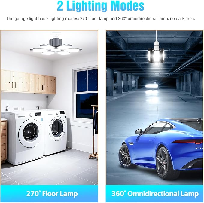 Garage Light Bulb LED 100W with 6 Deformable Panels, E26/E27 Garage Led Ceiling Lights Screw in for Porch Barn Basement Attic