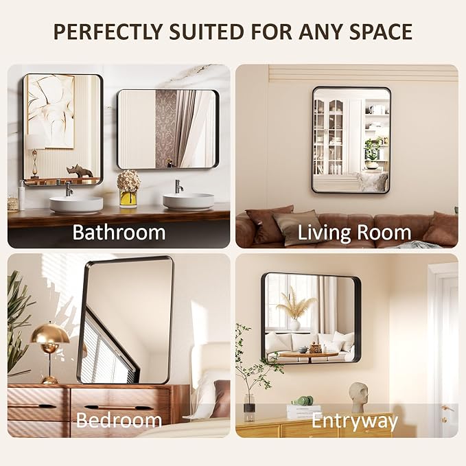 24×32 Silver Bathroom Mirror for Over Sink - Rectangular Bathroom Mirrors with Tempered Glass & Aluminum Frame, for Restroom Vanity, Entryway, Bedroom, Horizontal/Vertical, Rounded Corners