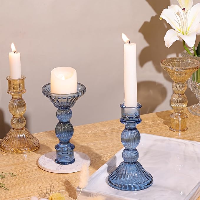 DARJEN 2 Pcs Blue Candlestick Holders - Vertical Stripe Glass Candle Holders for Taper and Votive Candles, Taper Candle Holder for Home, Wedding, Party, Dinner Table Decor