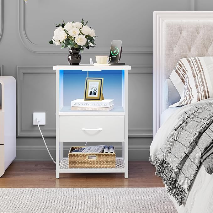 Fixwal Night Stand with Charging Station, LED Nightstand with Fabric Drawers, End Table with PU Finish, Bed Side Table, White