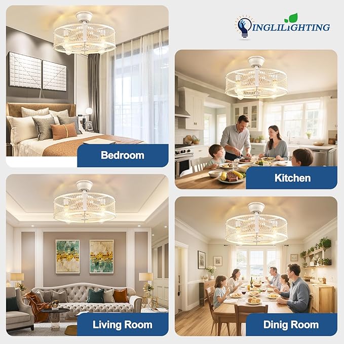 DLLT Caged Ceiling Fan with Lights: 20" Farmhouse Fandelier with Light and Remote - Cement Industrial Chandelier Fan Light for Bedroom Living Dining Room Kitchen