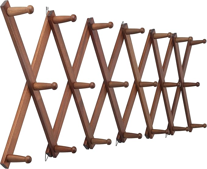 WEBI Accordion Wall Hanger,Expandable Wooden Coat Rack Wall Mounted,Accordion Hat Rack for Wall,Accordion Hook Rack for Hats,Caps,20 Peg Hooks,Walnut Color