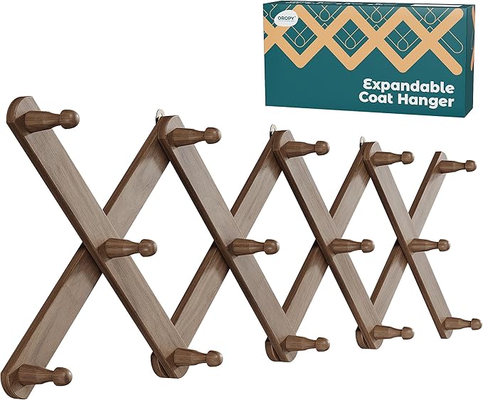 OROPY Wood Accordion Wall Hanger, Expandable Coat Rack Wall Mount with 14 Pegs, Expanding Hat Rack for Wall, X Shape, 27"×10", Walnut Color