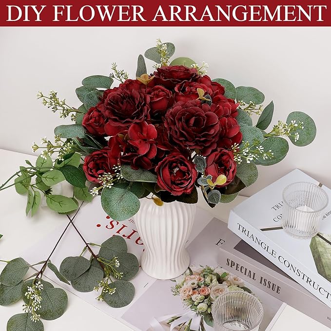 Peony Artificial Flowers, Faux Peonies Hydrangea Eucalyptus Bouquet 12 Packs Silk Vintage Realistic Peony Floral Arrangement for Vase Wedding Centerpiece Table Home Party Decor-Burgundy