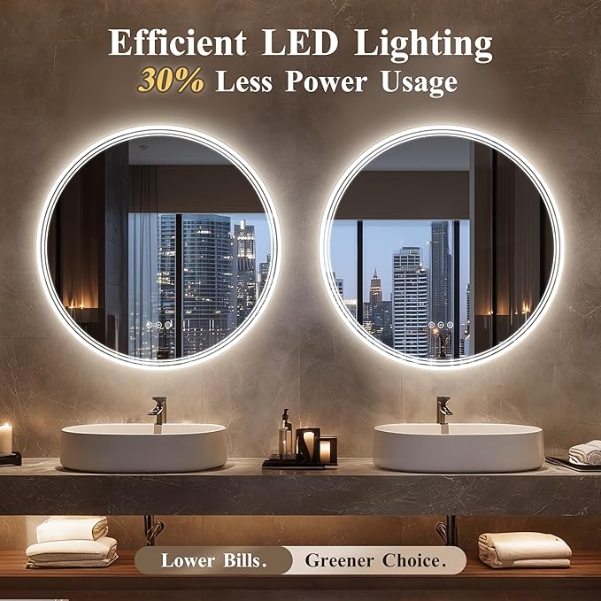 36''x36'' Lighted Mirrors for Bathroom Wall Backlit + Front Lit, Round LED Bathroom Mirror Frameless with Lights Anti Fog, Dimmable, 3 Colors,Tempered Glass, Shatter-Proof