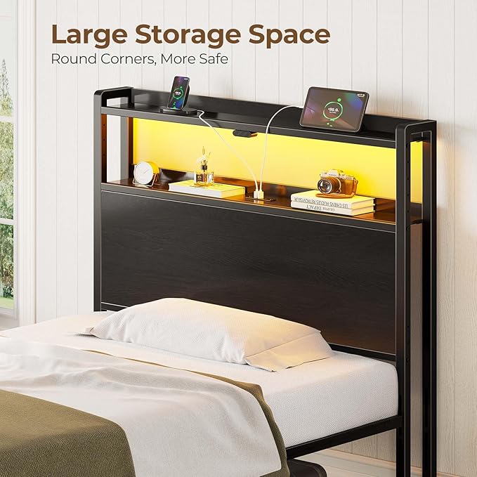 Rolanstar Headboard for Twin Size Bed with Storage, 60,000 DIY Color of LED Light, Head Board with USB & Type C Port, Height Adjustable, Black Cabeceras de Cama Comfortable Modern, Wood