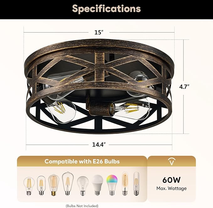 VONLUCE Flush Mount Ceiling Lights, 4-Light Hallway Ceiling Lighting Fixtures, 15 inch Farmhouse Metal Cage Ceiling Lights for Entryway Kitchen, Adjustable Lamp Holders, 2 pcs, Oil-Rubbed Bronze