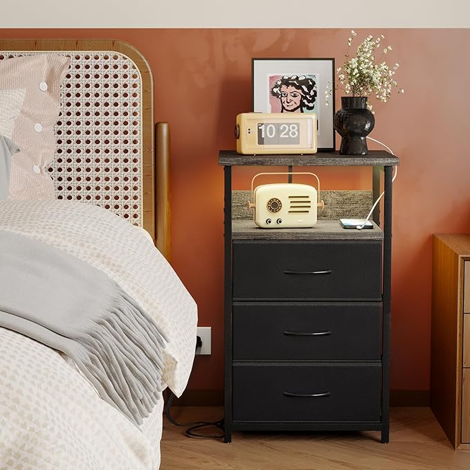 Fixwal Night Stand with Charging Station, LED Nightstand with U-S-B Ports and Outlets, 3 Fabric Storage Drawers with PU Finish, Bed Side Table, Charcoal Gray