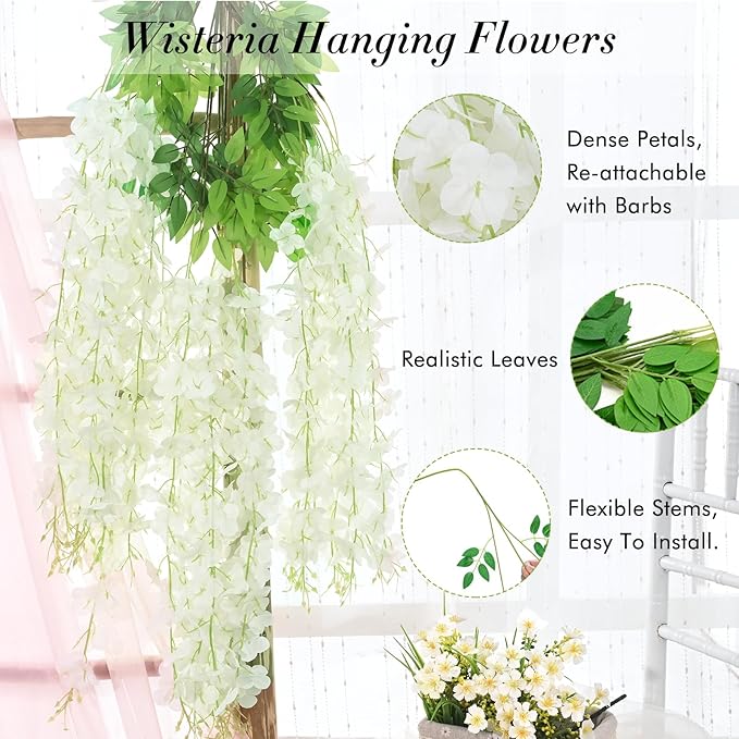 Waipfaru 40 Pack White Wisteria Hanging Flowers, Fake Flowers for Decoration, Artificial Hanging Flowers, Vines for Bedroom, Flower Garland for Home, Party, Wall, Wedding Decoration(3.6 Ft/Pcs)