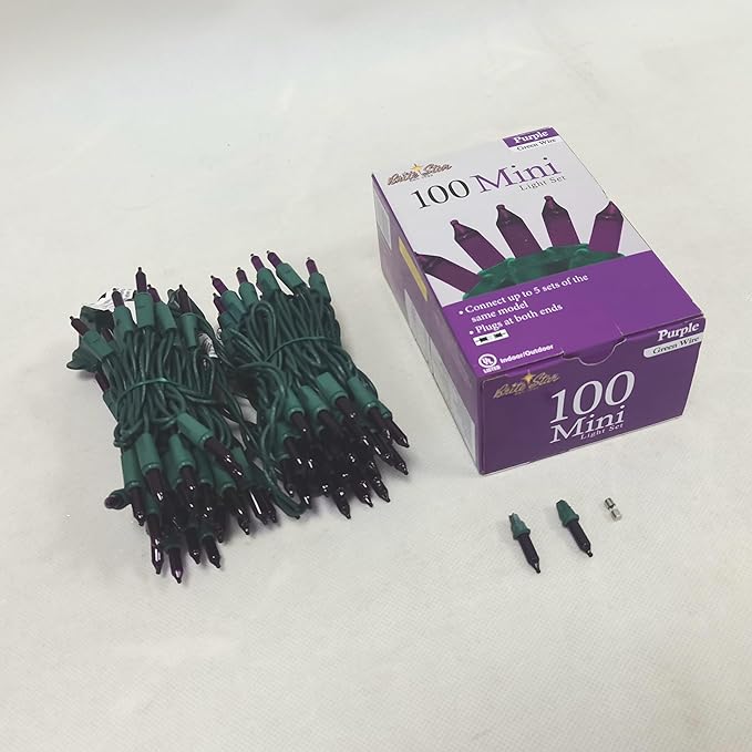Brite Star 100 Count Mini String Christmas Lights, Purple - 22 feet Indoor/Outdoor Christmas Tree Lights with Green Wire