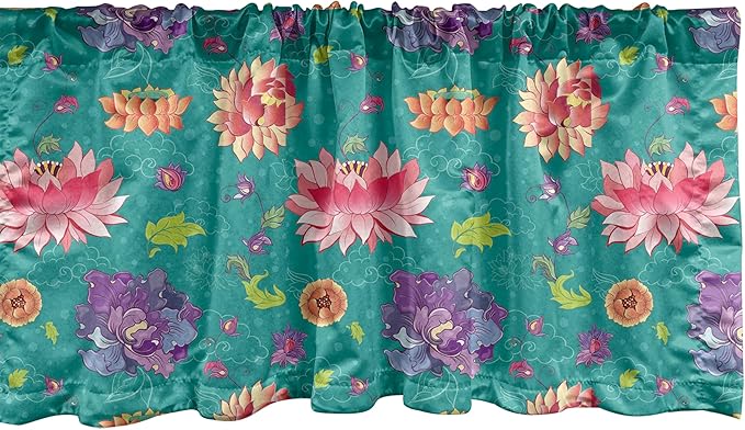 Ambesonne Floral Window Valance, Pattern with Lotus Flowers Peonies and Chrysanthemums Oriental Motifs Garden Art, Curtain Valance for Kitchen Bedroom Decor with Rod Pocket, 54" X 18", Teal