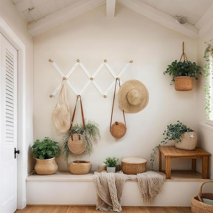 SKOLOO Hat Rack for Wall with 11 Hooks, 24 inch Solid Wooden, Modern, Huge Coat Rack Wall Mount for Coats, Hats, Bags, Cowboy Caps, Baseball Caps, Natural on White