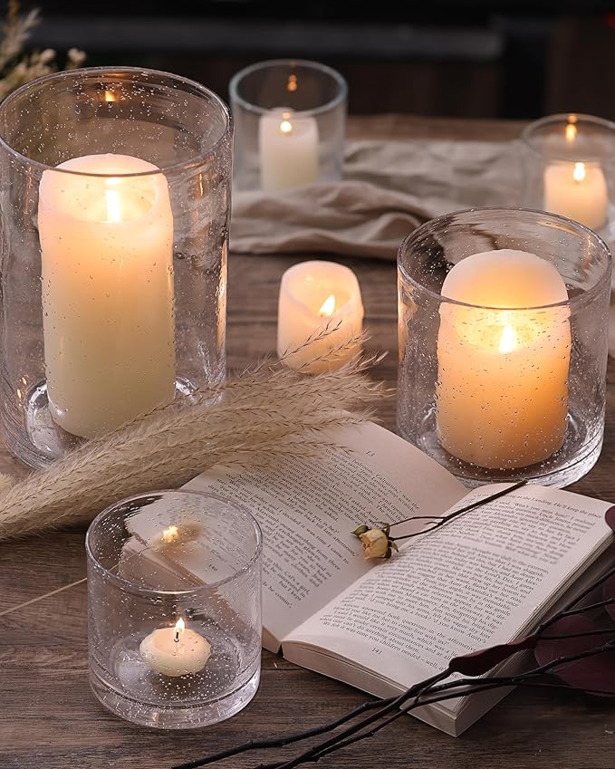 Hurricane Candle Holder Set of 3 Clear Candle Holders for Pillar Candles, Seeded Bubbles Glass Candle Holder for table centerpiece, Glass Cylinder Vases for Home, Patio and Wedding 8"4.7"3.5"H