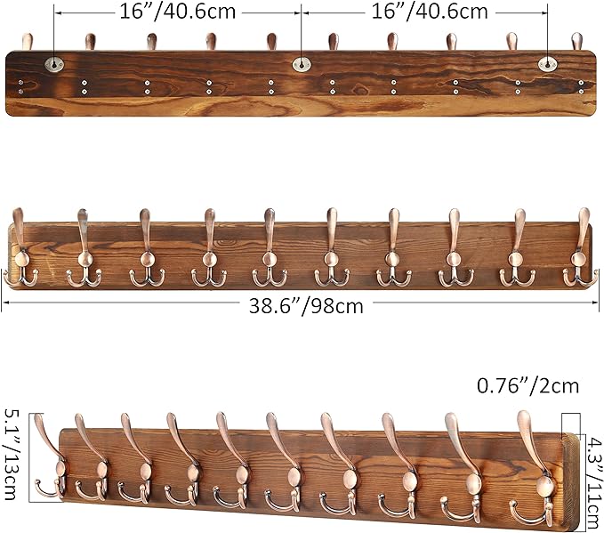 SKOLOO Coat Rack Wall Mounted - 38.6" Long, Wooden, Heavy Duty, Rustic Coat Hooks for Wall, Coat Rack with 10 Triple Hooks for Hanging Clothes, Jacket, Hat(Brown & Retro Red)