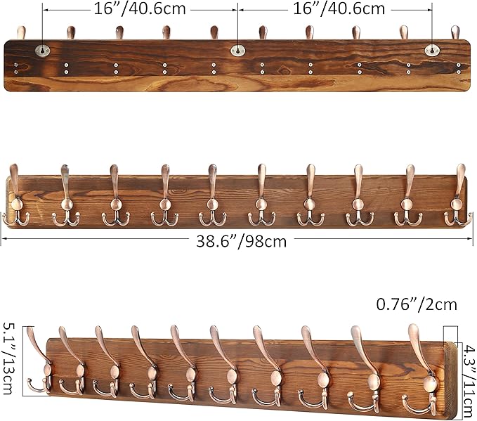 SKOLOO Coat Rack Wall Mounted - 38.3'' Long, Pack of 2, Wooden, Heavy Duty, Rustic Coat Hooks for Wall, Wall Coat Rack with 10 Triple Hooks for Hanging Clothes, Jacket, Hat(Brown & Retro Red)