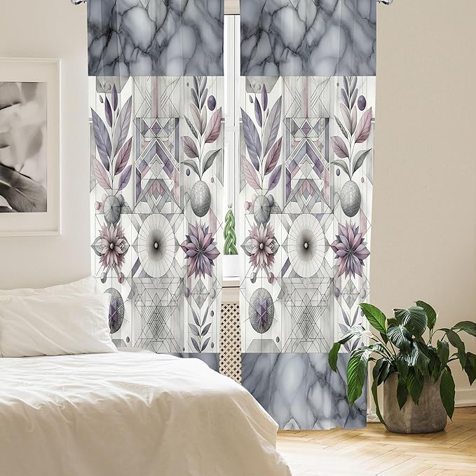 Ambesonne Geometric Floral Window Curtains, Classic Marble Print Ornate Leafy Flowers and Futurist Stripes, Lightweight Decor 2-Panel Set with Rod Pocket, Pair of - 28" x 84", Ceil Blue Laurel Green