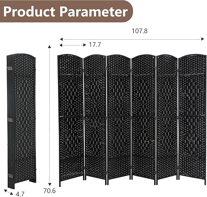 Room Divider 6 Panel Folding Privacy Divider 6 Ft Indoor Wall Divider Portable Partition Wood Screen, Black