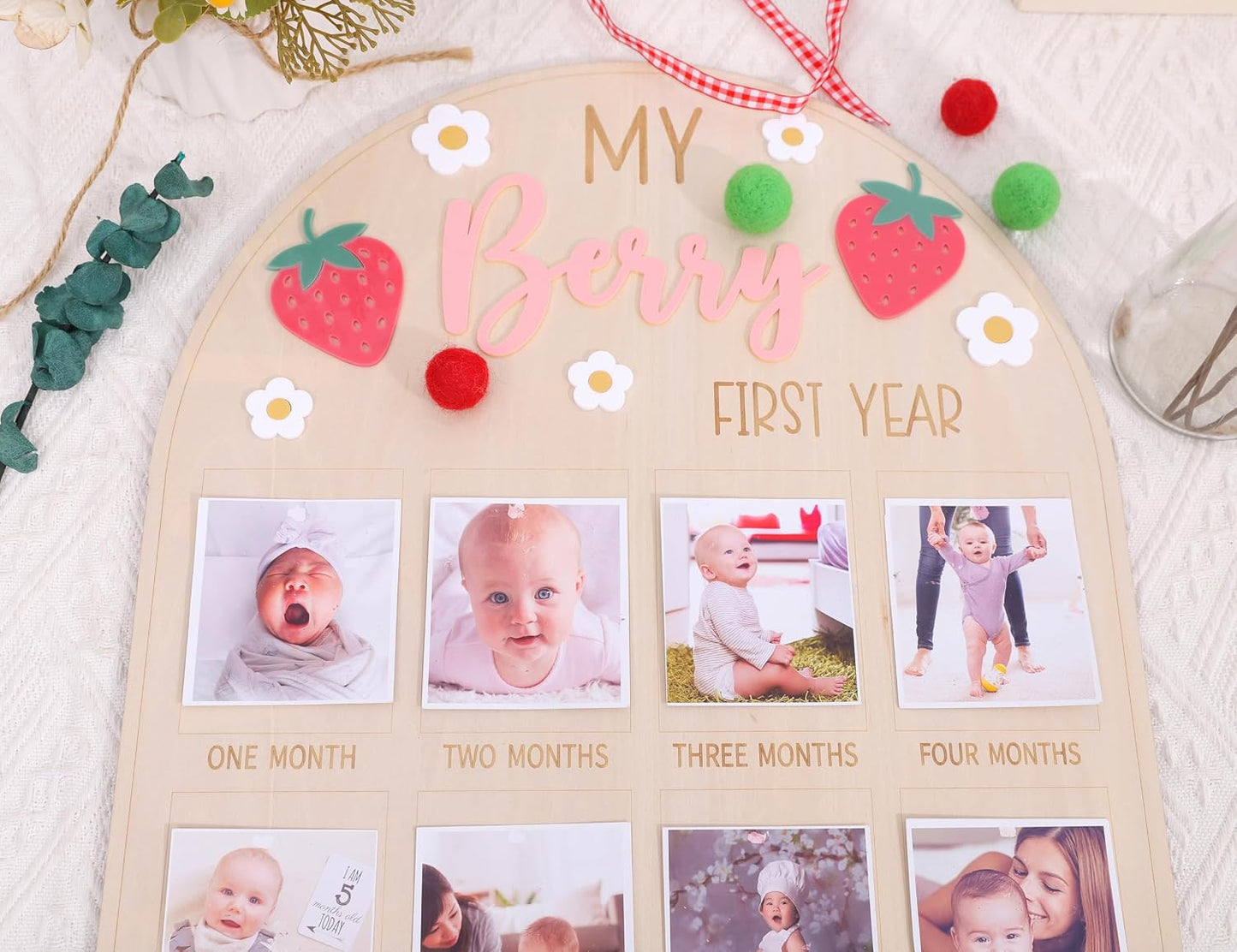1st 1 12 WAOUH Berry First Year Photo Wood Board - Strawberry Birthday Decorations,Strawberry to Months Photo
