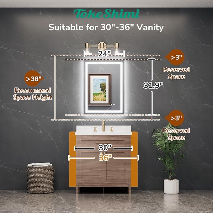 TokeShimi 24x32 LED Mirror for Bathroom,Backlit + Front lit,Lighted Mirrors for Bathroom Wall,Stepless Dimmable 3 Colors,Shatterproof,Tempered Glass,Memory Function,UL Listed