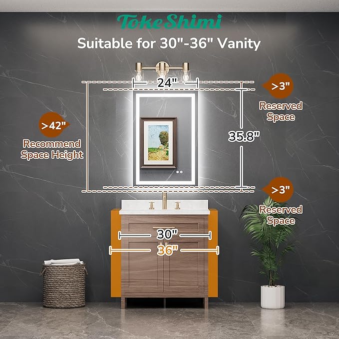 TokeShimi 24x36 LED Bathroom Mirror with Lights,Backlit + Front lit,3-Color LED Bathroom Vanity Mirror,Anti-Fog Mirrors with Tempered Glass,Shatterproof,Memory Function,UL Listed,Waterproof