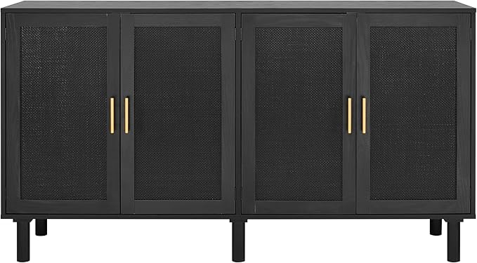 Finnhomy 4 Door Sideboard Buffet Cabinet, Kitchen Storage Buffet with Black Painted Rattan Decorated Doors, Cupboard Console Table, Boho Accent Liquor Cabinet, 62.3X 15.7X 34.6 Inches, Full Black