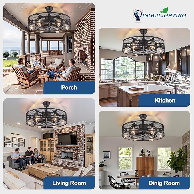 DLLT Caged Ceiling Fan with Lights: 26" Bladeless Fandelier with Light and Remote - Black Industrial Chandelier Fan Light for Bedroon Living Dining Room Kitchen