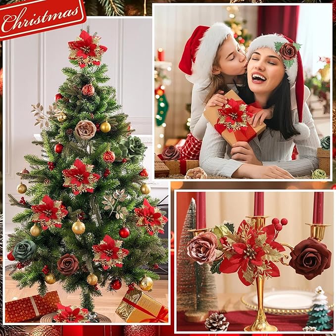 Artificial Christmas Flowers Set with Poinsettia, Fake Roses, Greenery Leaves & Stems for DIY Christmas Decor - Wreath, Tree Ornaments, Wedding Bouquets, Centerpieces, Home Floral Arrangement