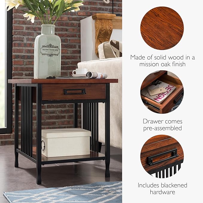 Leick Home Ironcraft Coffee Table, Solid Wood, 2 Drawers, 1 Display Shelf, Mission Oak, Black Steel, Easy Assembly, 46 in L x 22 in W x 20 in H, 11262
