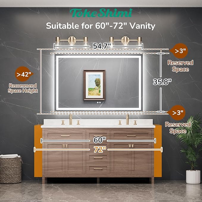 TokeShimi 55x36 LED Bathroom Mirror with 3-Color Lights,Anti-Fog Lighted Mirrors for Bathroom Wall,HD Tempered Glass,Memory Function,Waterproof,Shatterproof,UL Listed