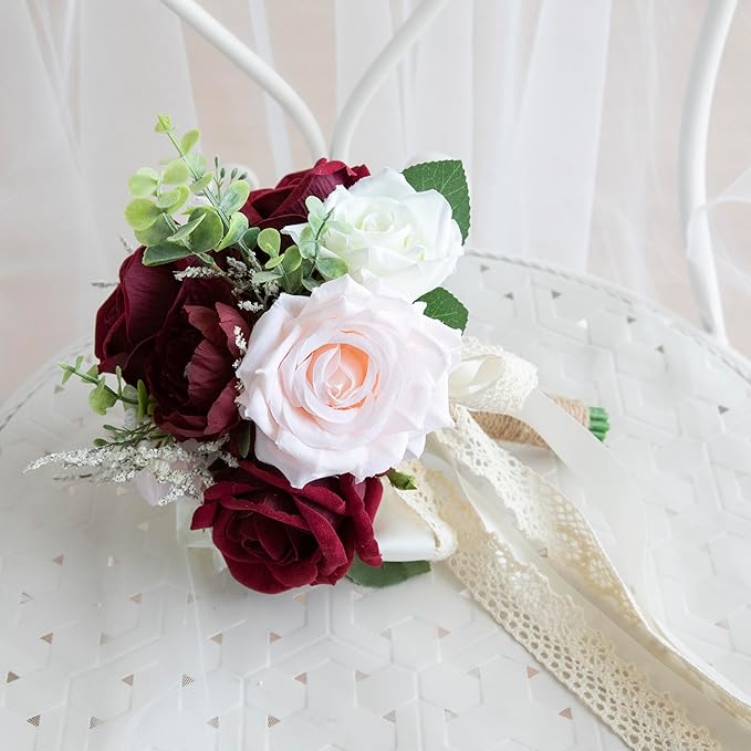 Wedding Bouquets for Bride Bridesmaid, Artificial Burgundy Blush Bride Flower Bouquet for Wedding Church Decoration Ceremony, Anniversary, etc, Roses Flowers