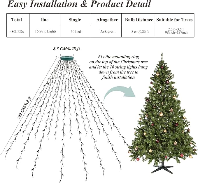 aneeway Christmas Tree Lights 480 LED, Christmas Lights with 8 Light Modes & Memory Function, 9.84FT x 16 String Lights with Timer Function & Remote Control for Christmas Decoration - Warm White