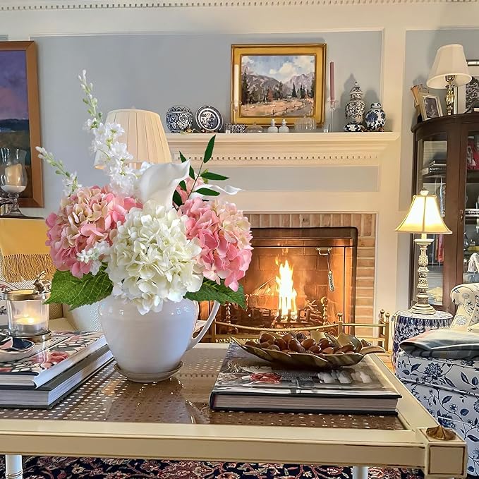 2 White +2 Pink Real Touch Hydrangea Artificial Flowers,21" Vintage Boho Silk Fake Flowers, Faux Hydrangea Flowers for Christmas Wedding Bouque Centerpieces Tables Party Home