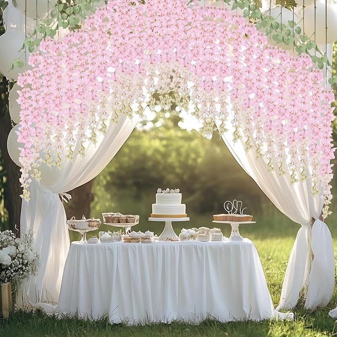mizii 6Pcs Pink Wisteria Hanging Flowers 48" Silk Wisteria Artificial Flowers Garland Vines Fake Hanging Flowers Decoration for Wedding Flower Wall Backdrop Centerpieces Party Room Decor (Pink)