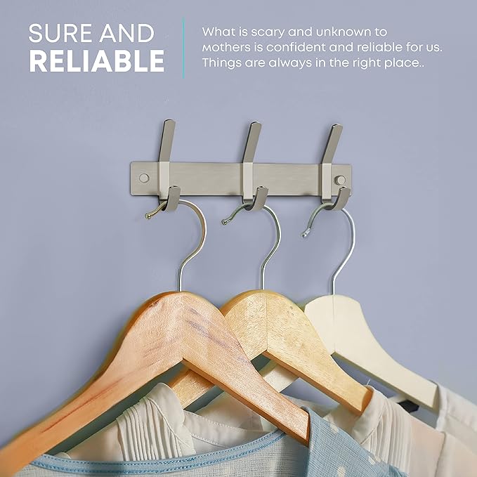 Small Coat Rack Wall Mount – Brushed Nickel 9 Inch Stainless Steel Hook Rail with 3 Heavy Duty Double Coat Hooks – Wall Mounted Coat Hanger for Entryway, Bathroom, Bedroom, Hat Organizer - 2 Pack