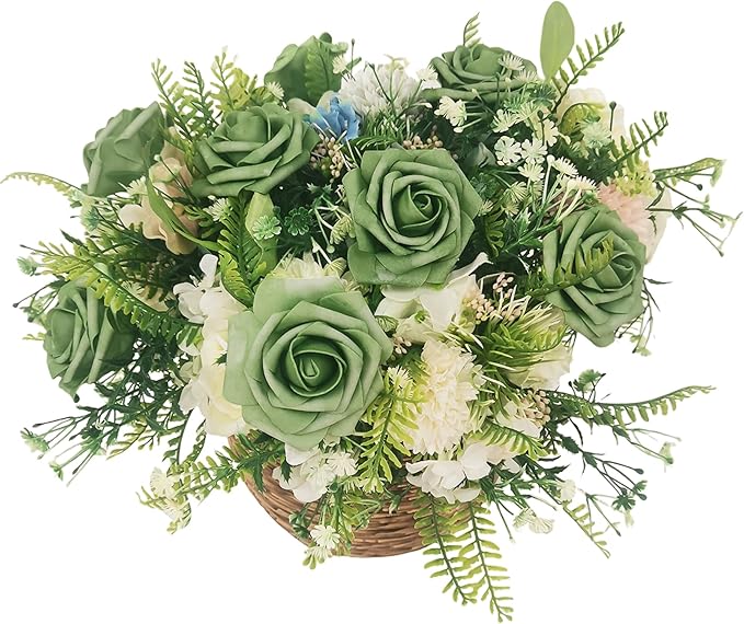 Artificial Rose Flowers 25pcs, Military Green Foam Fake Rose Faux Flower for Wedding Bouquets Bridal Shower Centerpieces Floral Arrangements Home Decorations Party Backdrops Table