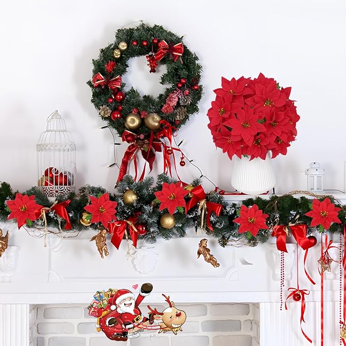 Christmas Decorations - 12 Pack Poinsettias Artificial Christmas Flowers, Fake Red Velvet Artificial Poinsettias Flowers for Christmas Tree Home Party Porch Yard Indoor Outdoor Decor