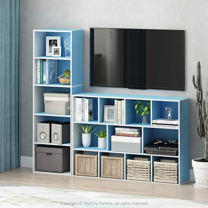 Furinno Luder Bookcase / Book / Storage , 11-Cube, White/Light Blue