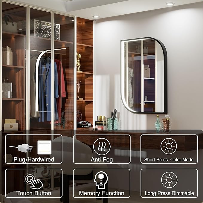 22x32 Inch LED Mirror for Bathroom, Adjustable 3000K/4500K/6000K, Irregular Black Frame Lighted Bathroom Vanity Mirror with Lights, Anti-Fog, Stepless Dimmable, Wall Mounted