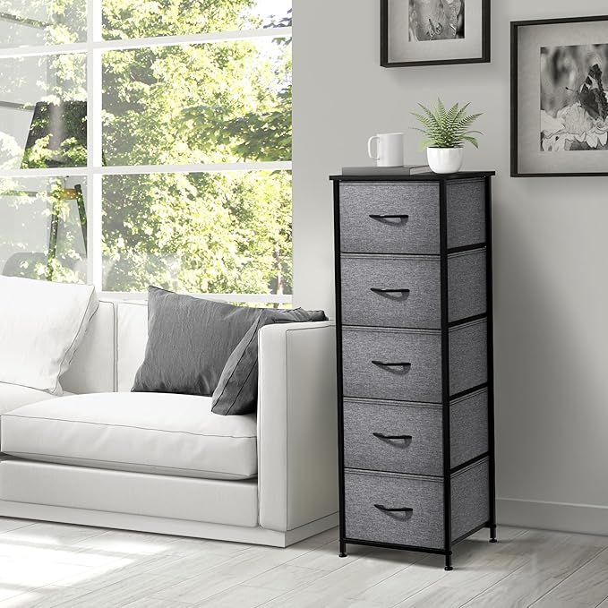 Sorbus Nightstand with 5 Drawers - Bedside Furniture & Night Stand End Table Dresser with Steel Frame, Wood Top, Easy Pull Fabric Bins for Home, Bedroom Accessories, Office & Dorm