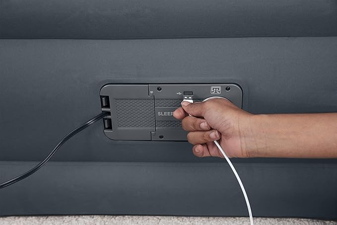 SleepLux Twin Air Mattress | Supersoft Snugable Top, Extra Durable Tough Guard with Built-in Pillow | Raised 18" Airbed with Built in Pump + USB Charger (69086E) , Grey