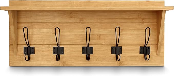 HBCY Creations Rustic Wall Mounted Coat Rack with Shelf - Solid Wood 24" Entryway Shelf with 5 Coat Hangers. Perfect Touch for Your Entryway, Mudroom, Kitchen, Bathroom and More, Bamboo