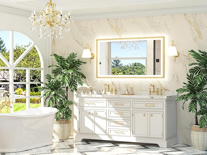 TETOTE Gold LED Mirror for Bathroom 55x30 Metal Frame Frontlit & Backlit Lighted Vanity Mirror Baroque Anti Fog Stepless Dimmable White/Warm/Natural,CRI90+,Wall Mounted(Horizontal/Vertical)