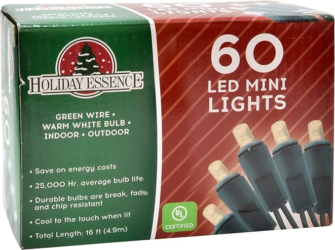Holiday Essence 60 LED Mini Warm White Christmas Lights for Indoor and Outdoor Use Energy Efficient LED Bulbs with Green Wire