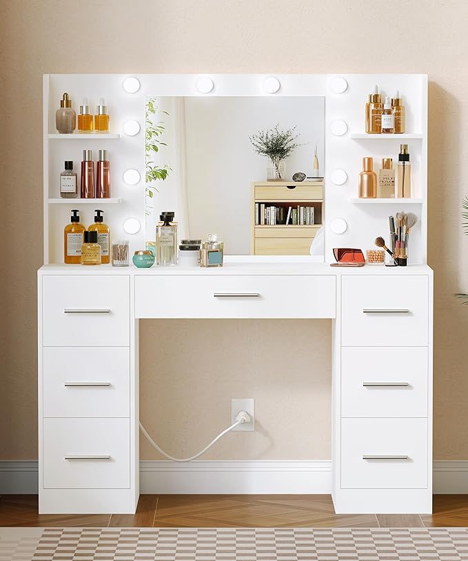 Irontar Makeup Vanity Desk with Mirror, 43.3" L Vanity Table with 10 LED Lights & 7 Metal Sliding Drawers, Brightness Adjustable & Open Shelves, for Women, Wife, White