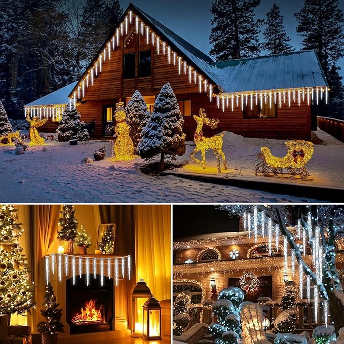 Minetom Christmas Icicle Lights - 2 Pack Total 200 LED 40 Tubes Twinkling Crystal Icicle String, Connectable Waterproof Hanging Christmas Lights Plug in for Winter Eave Holiday Outdoor Decoration