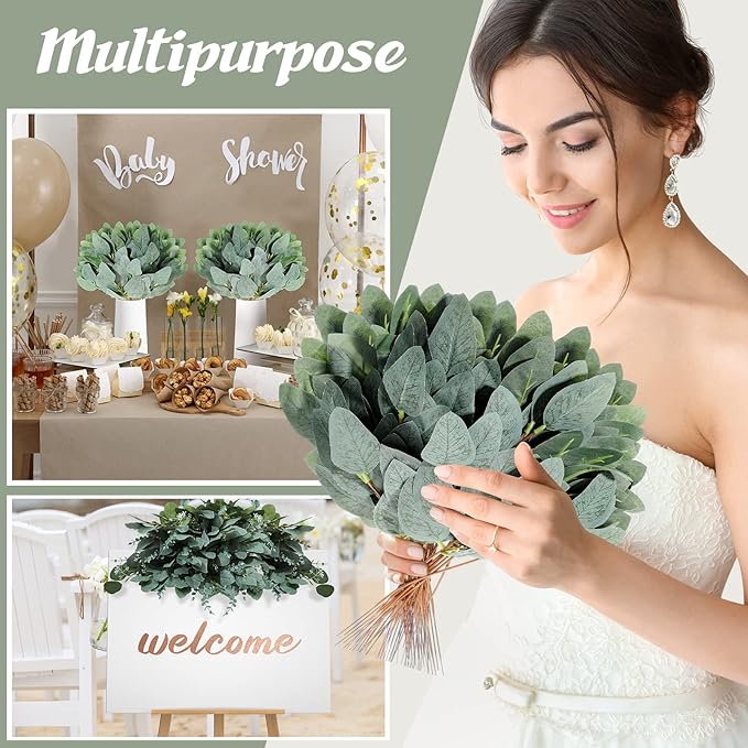 Tigeen 100 Pcs Artificial Eucalyptus Stems Leaves Bulk, 14'' Tall Silver Dollar Eucalyptus Stems Greenery Stems Fake Eucalyptus Plant Branches for Wedding Vase Bouquet Flower DIY Wreath Home Decor