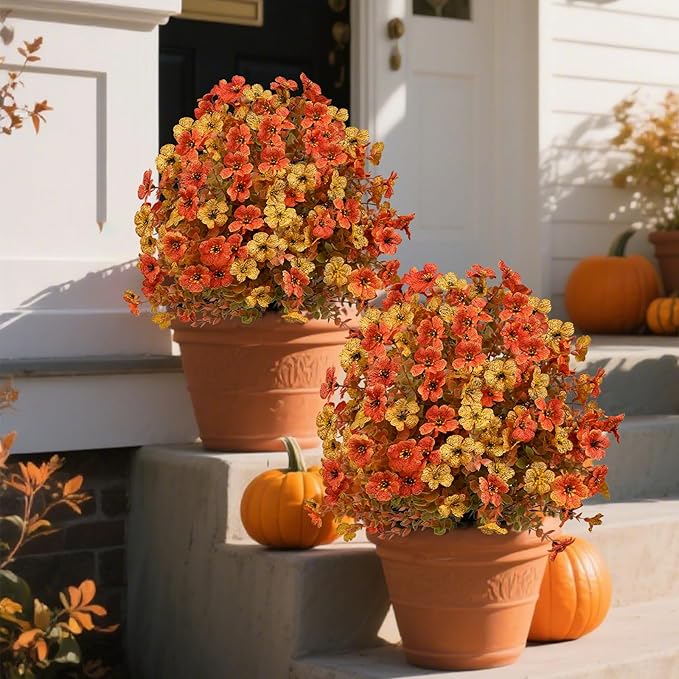 Artificial Topiary Bushes for Outdoors with Spike, Boxwood Ball Fake Shrubs UV Resistant Faux Plants for Indoor Outdoor Fall Thanksgiving Halloween Decor (Orange)