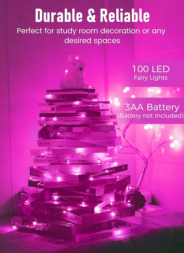 Minetom Fairy Lights Battery Operated, 2Pack 33Feet 100 LEDs Mini Battery Powered String Lights, Waterproof Twinkle Lights Mason Jar Lights for Indoor Home Wedding Christmas Decoration, Pink